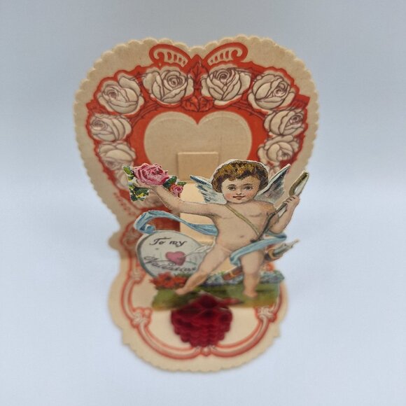 Vintage Paper Pop Up Valentines Day Card Cupid Rose To My Valentine German - Picture 3 of 6